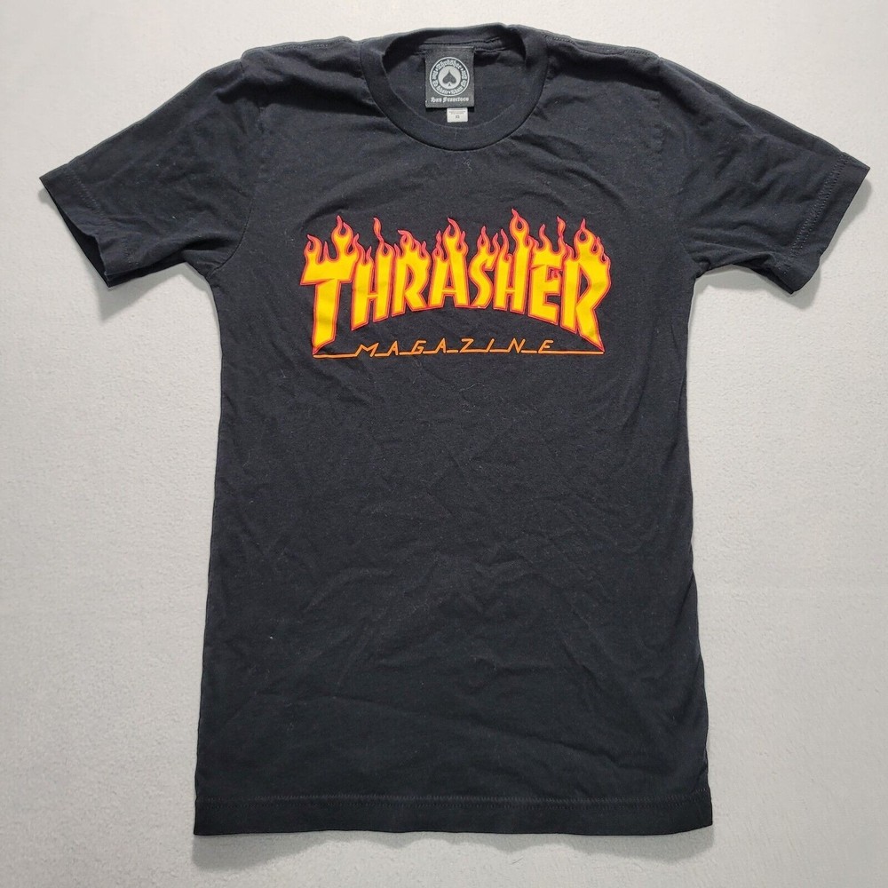 Vtg Thrasher Skateboard Magazine Sz XS Black Shirt Flames Tee Skate